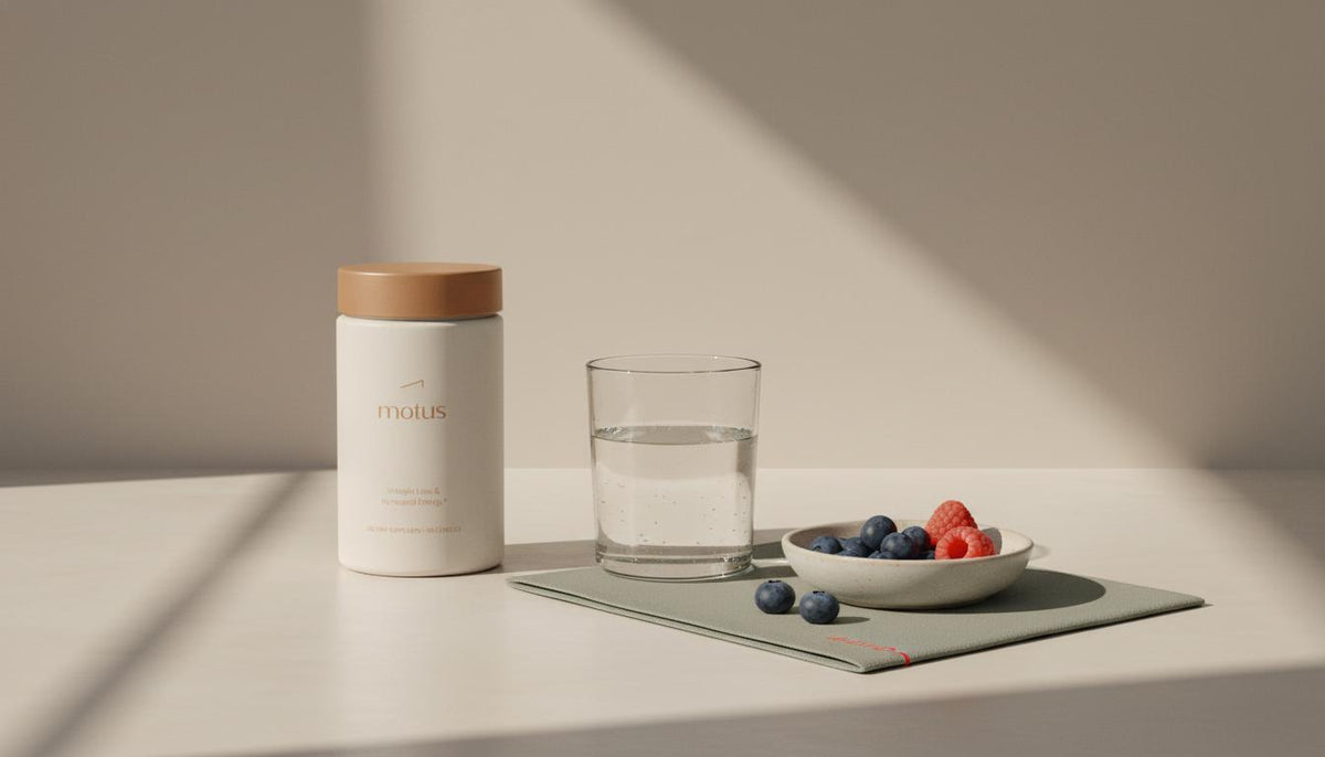 Minimalist sunlit kitchen counter with Tonum Motus container beside a glass of water and bowl of berries, suggesting weight loss pills and a calm morning routine