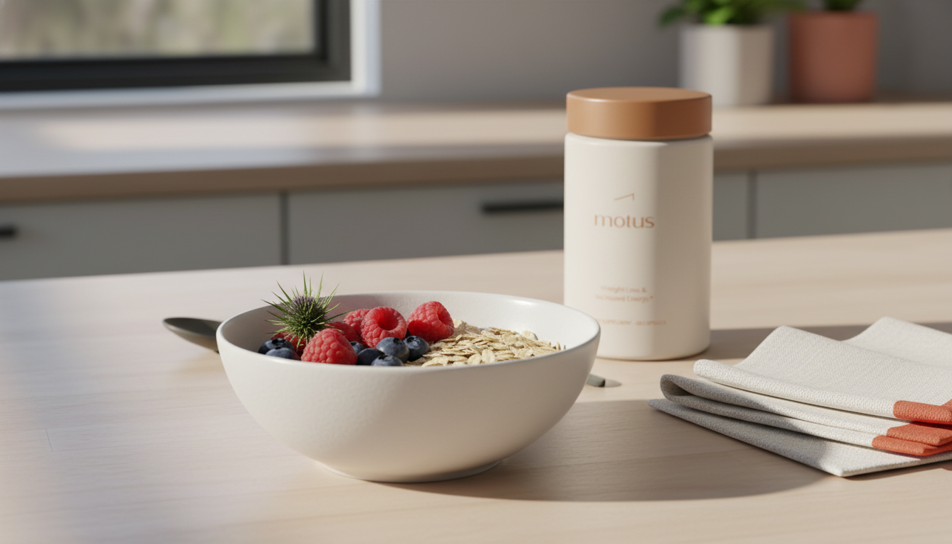 Minimalist kitchen still life with bowl of berries, oats and milk thistle and Tonum Motus supplement jar in background for weight loss shakes
