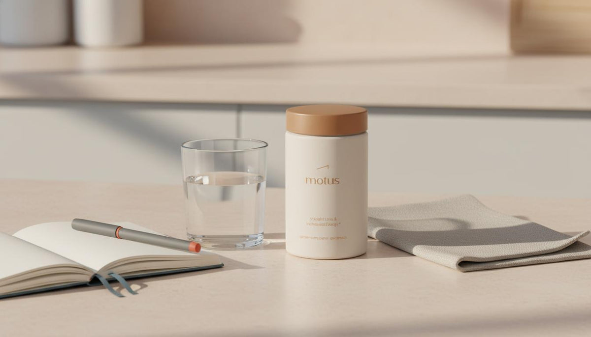 Minimalist still life of Tonum Motus bottle beside a glass of water, linen napkin and open notebook on a beige #F2E5D5 counter, calm research-focused weight loss supplement safety.