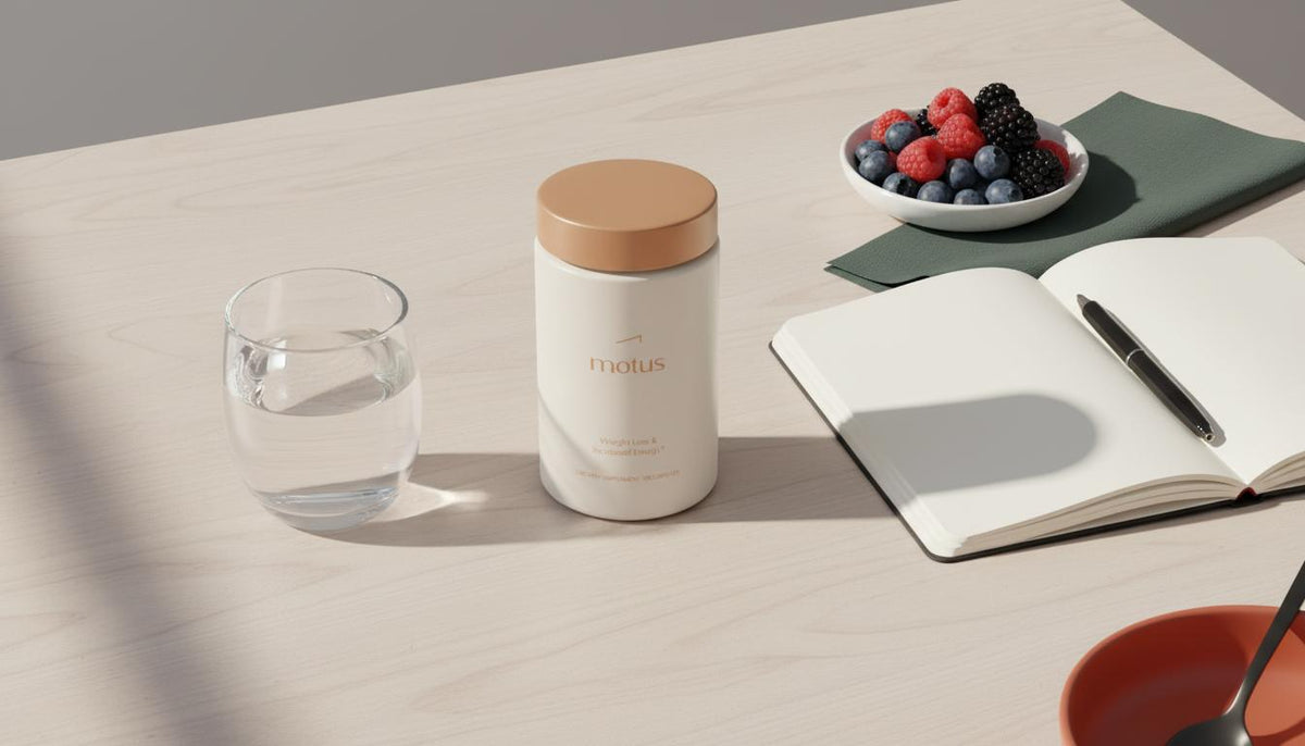 Minimal flat-lay of Tonum Motus supplement jar with notebook, glass of water, and a small dish of berries on a wooden table, evoking weight loss supplements daily ritual.