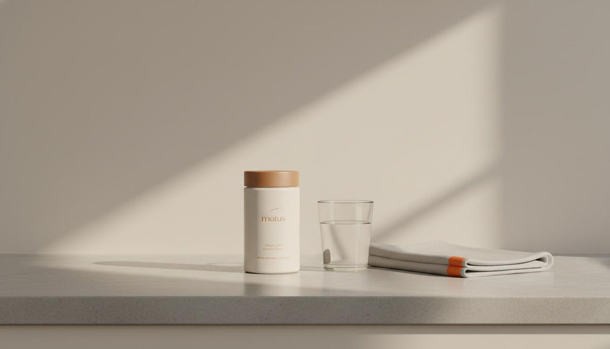 Minimal Tonum still-life of Motus supplement on a pale beige counter with a glass of water and towel, illustrating weight regain after Ozempic