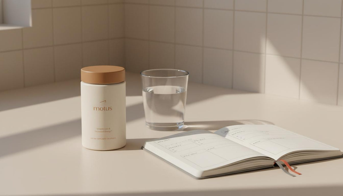 Minimalist kitchen counter with Tonum Motus bottle beside a glass of water and a notebook with simple meal and workout plan, illustrating weight regain after semaglutide in a calm scientific-meets-lifestyle scene.