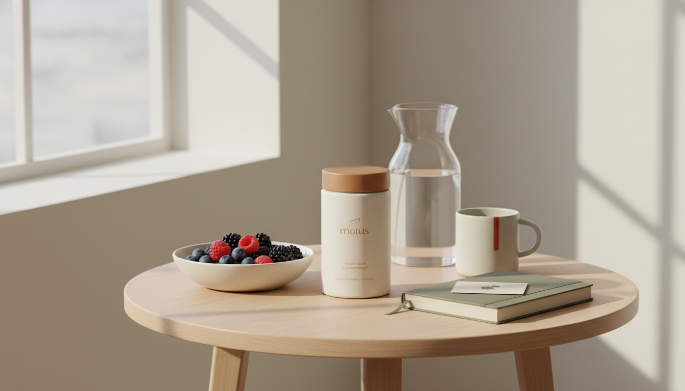 Minimalist sunlit morning table with Tonum Motus supplement jar, bowl of berries, glass carafe and journal — calm wellness lifestyle scene.