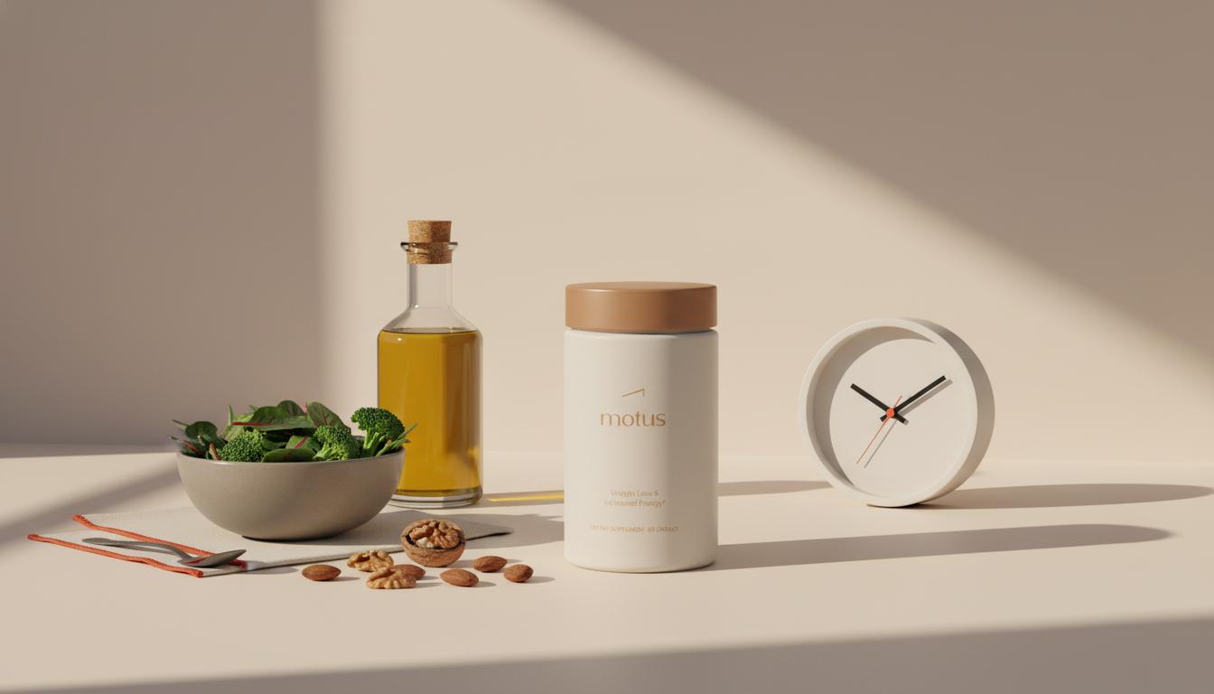 Minimal still-life of Tonum Motus container with olive oil, mixed vegetables and nuts on a clean lab-style countertop in soft morning light — what affects liver metabolism