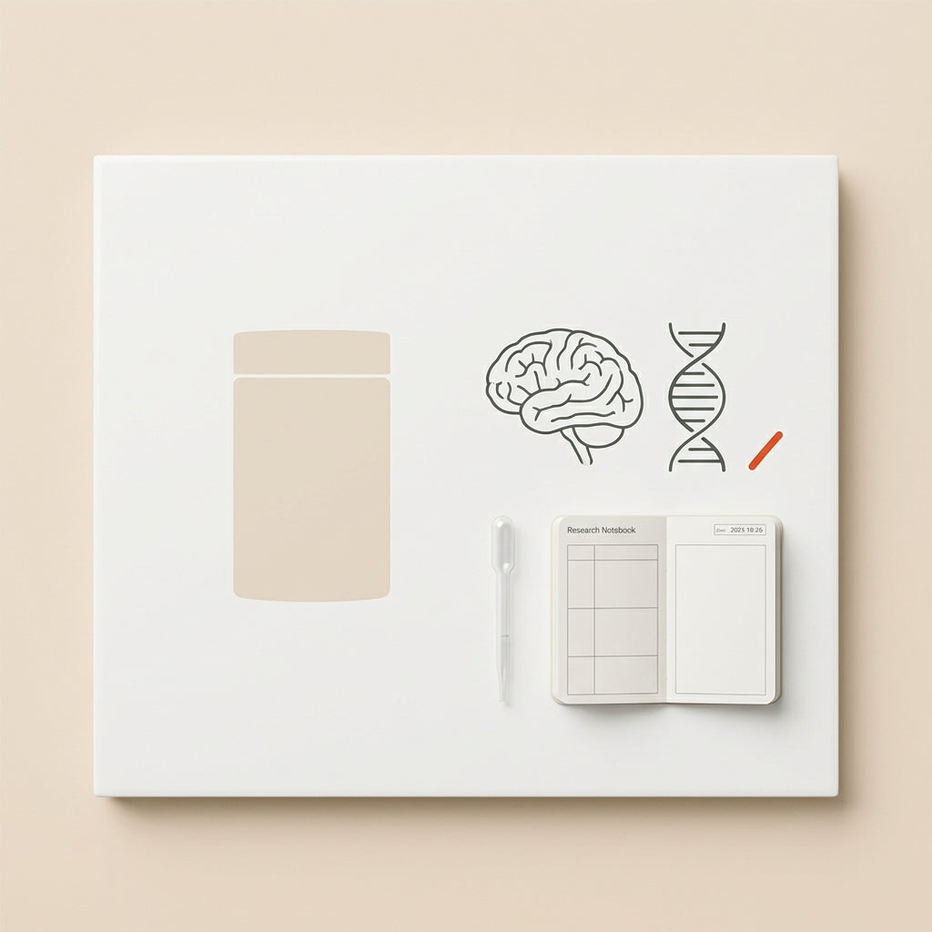 Minimalist Tonum scene with the product from the reference photos beside a line-drawn brain and DNA helix on a #F2E5D5 background — What age does Alzheimer's usually start?
