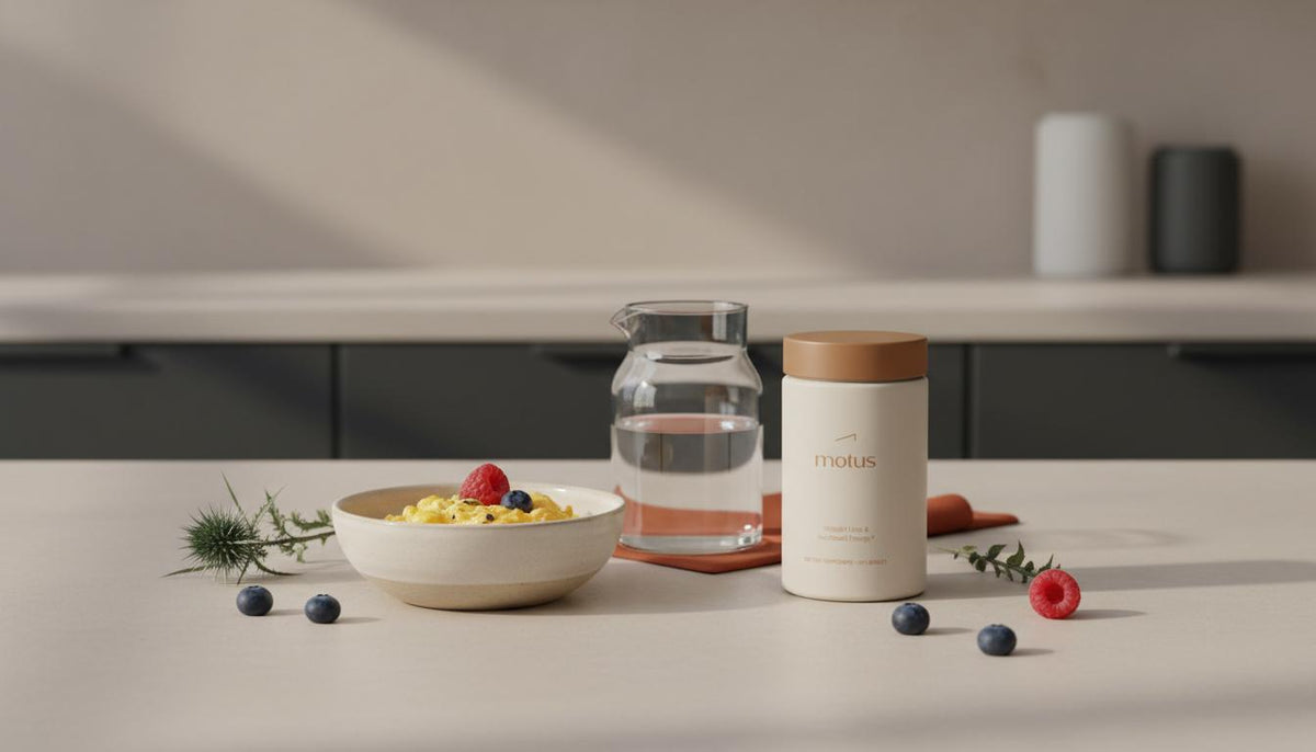 Tonum Motus jar beside bowl of eggs and berries on a minimalist countertop in morning light — what amino acid breaks down fat