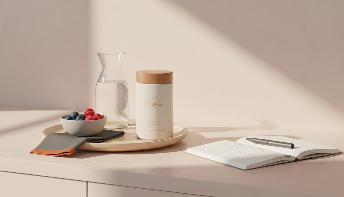 Minimalist morning kitchen scene with Tonum Motus supplement jar on a wooden tray beside a glass carafe, bowl of berries and open notebook — What amino acids help you lose weight?