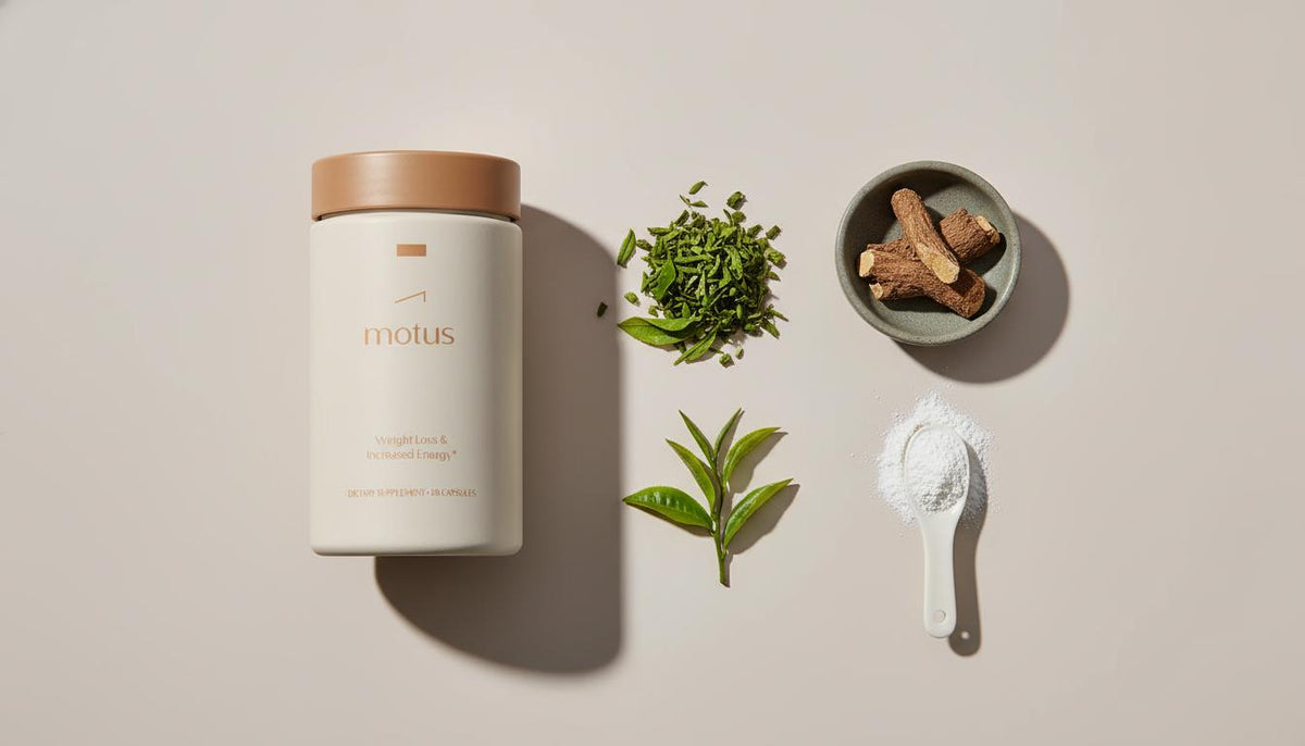 Minimalist flat-lay of Tonum Motus supplement bottle with green tea leaves, berberine root pieces and powdered soluble fiber, showing what are the ingredients in metabolic reset