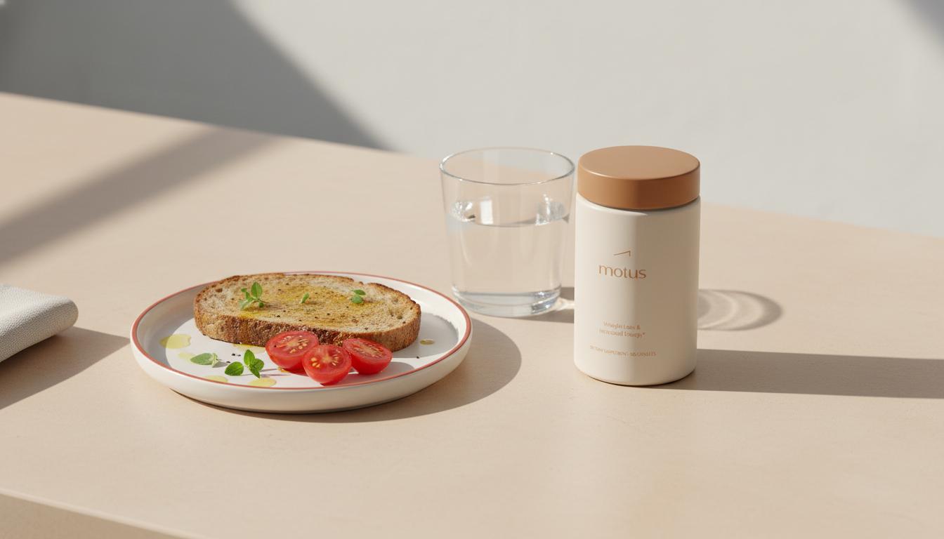 Minimalist kitchen counter with a Mediterranean plate (olive oil drizzle, whole-grain bread, cherry tomatoes), a glass of water and the Tonum Motus supplement bottle; visual for article what are the symptoms of fatty liver