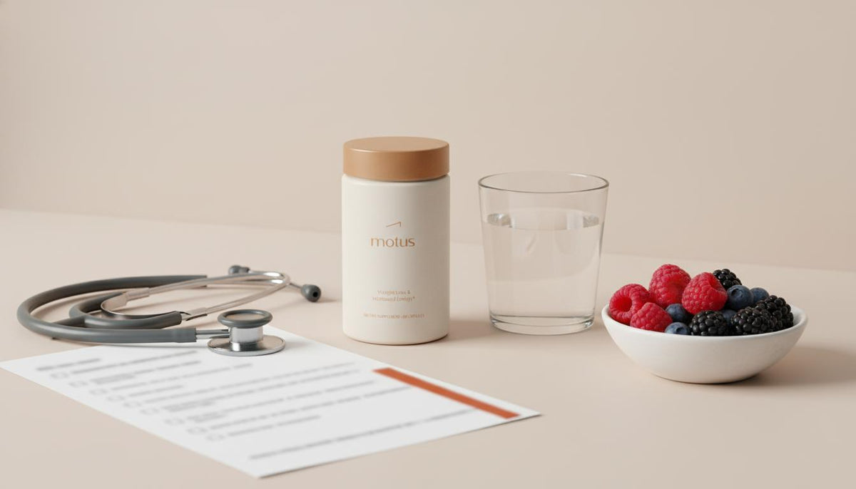 Minimal tabletop scene with Motus supplement jar beside a glass of water, bowl of berries, stethoscope and a blurred liver health checklist — illustrating what are the worst things for your liver