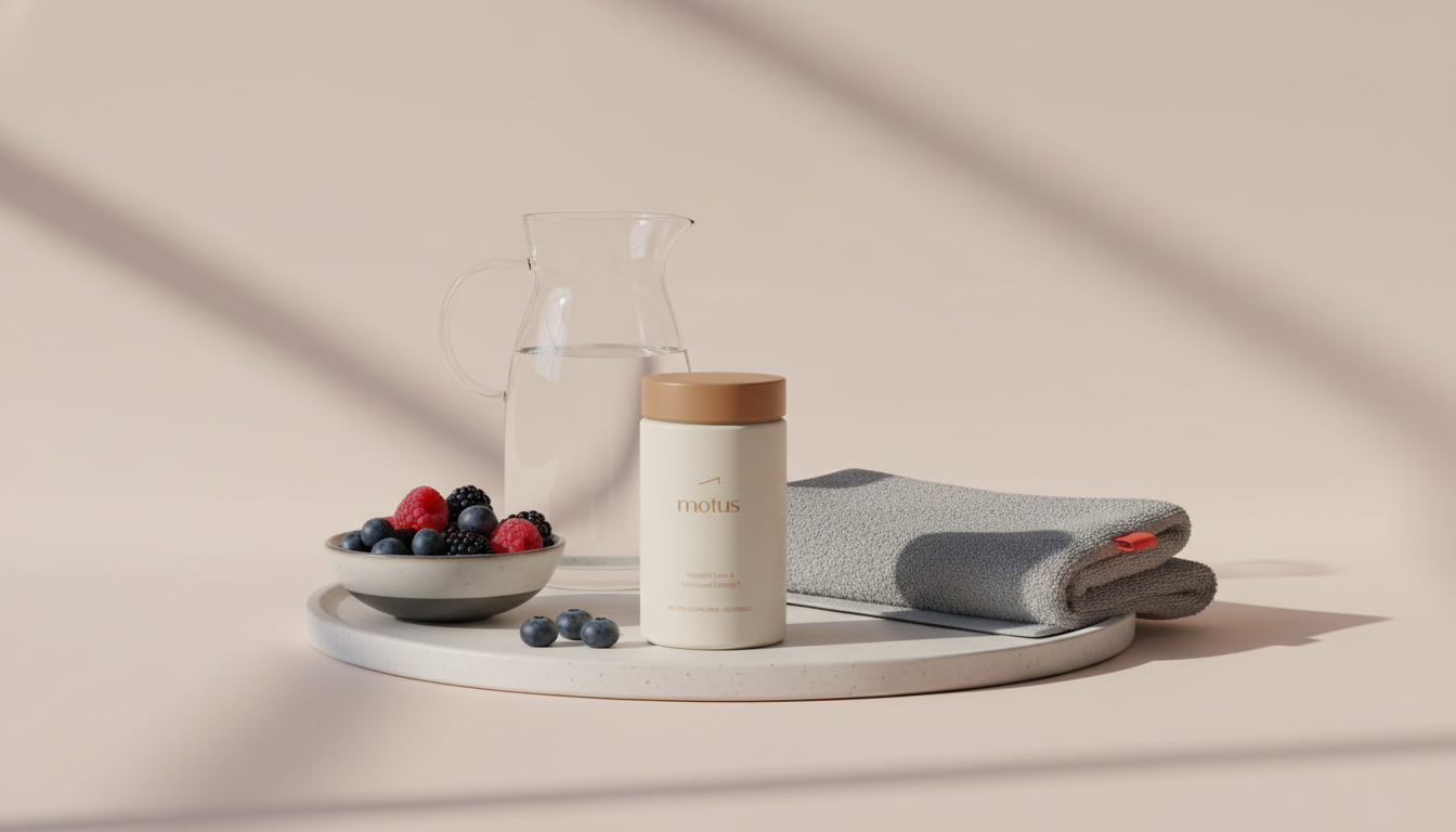 Minimalist morning scene with Tonum Motus supplement jar, glass carafe, bowl of berries and towel on #F2E5D5 background showing what behavior contributes most to wellness