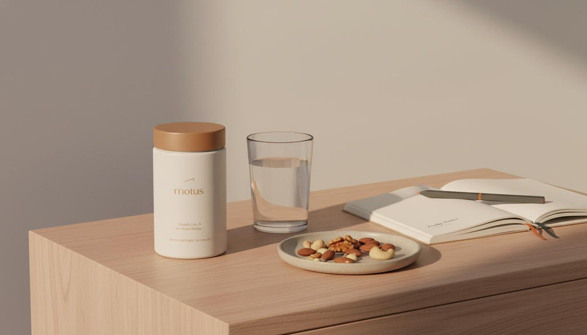 Minimalist dusk bedside still-life with Tonum Motus supplement jar on a clean table beside a glass of water, plate of nuts and open notebook — what burns belly fat at night