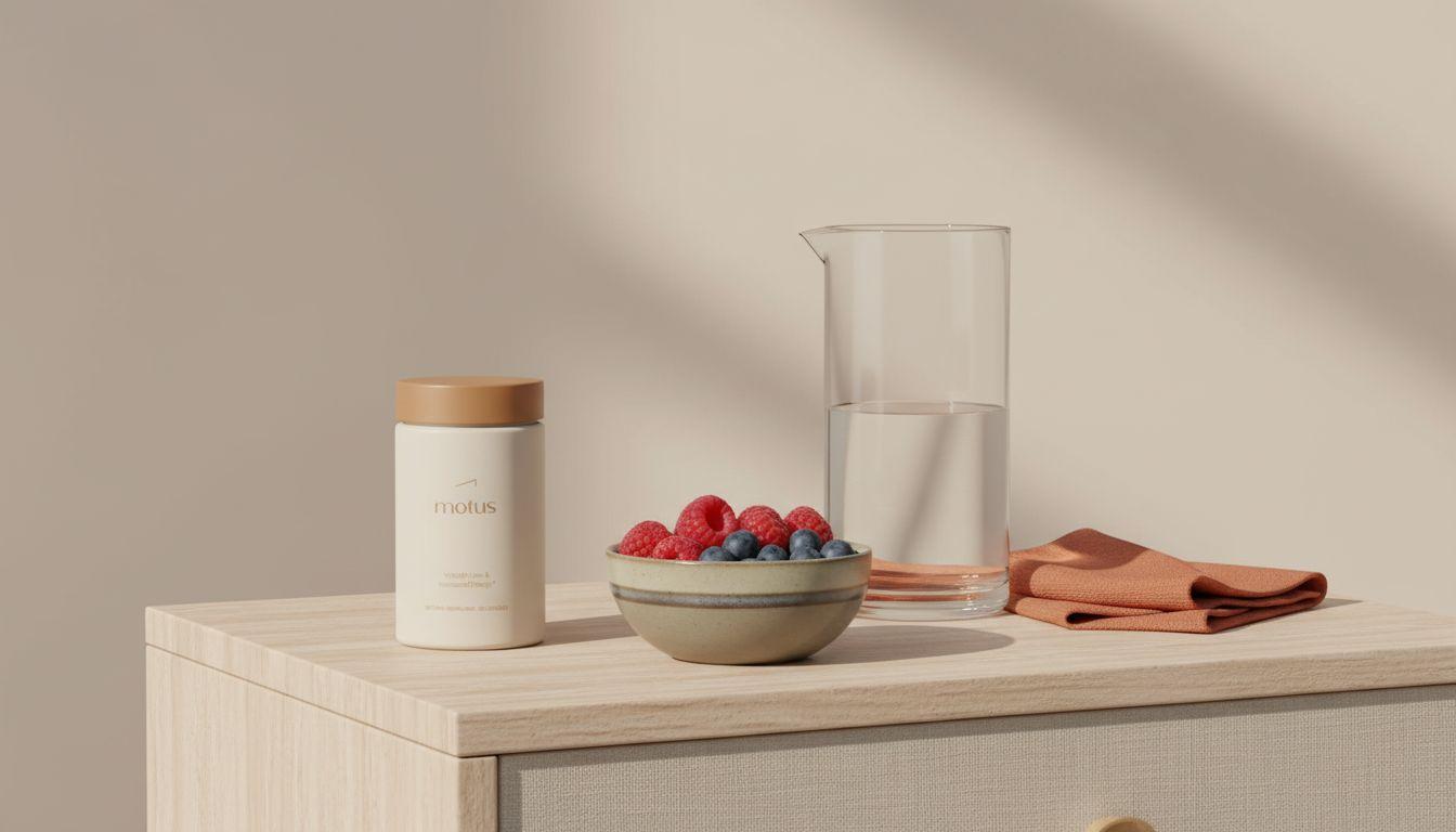Minimal bedside scene with Tonum Motus supplement jar beside a bowl of berries and a water carafe on a soft beige background — what burns fat while you sleep