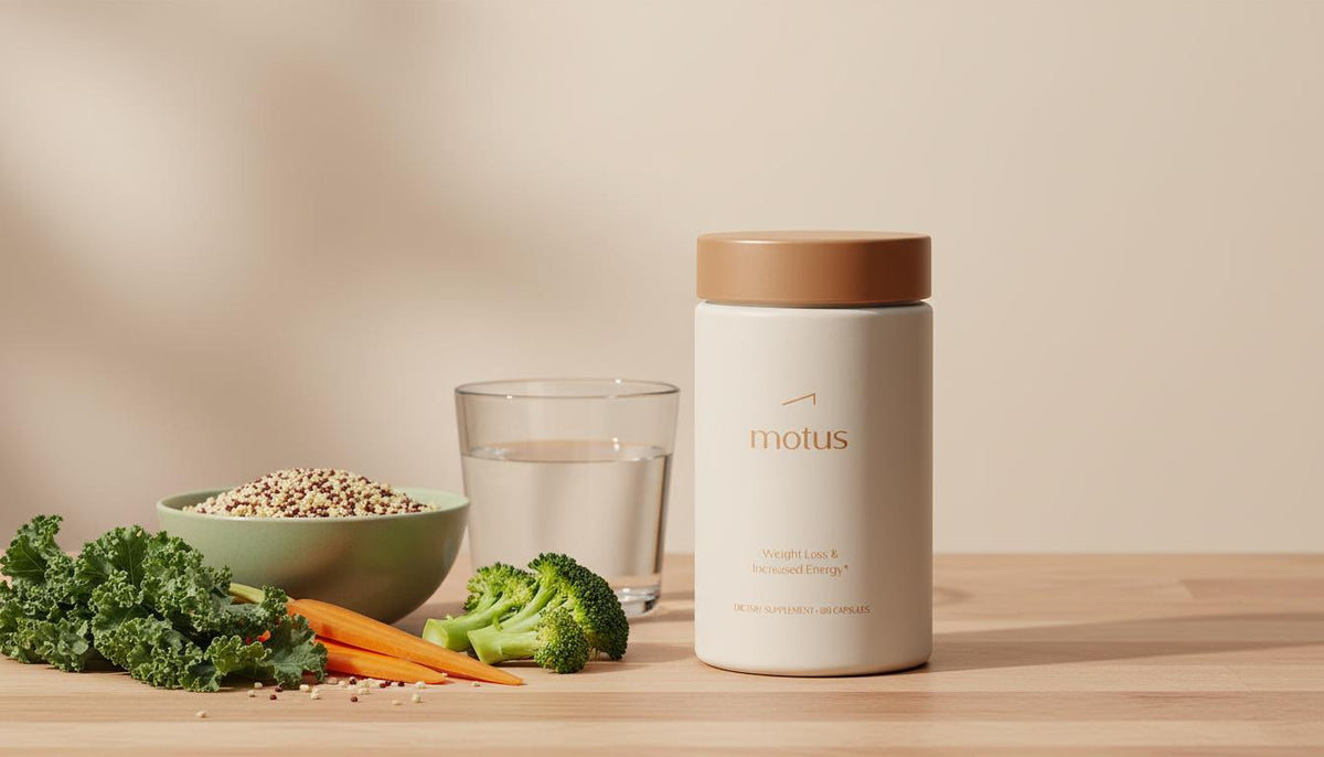 Minimalist still-life of Tonum Motus bottle with whole grains, vegetables, and a glass of water on wood, illustrating nutrition and what causes fatty liver