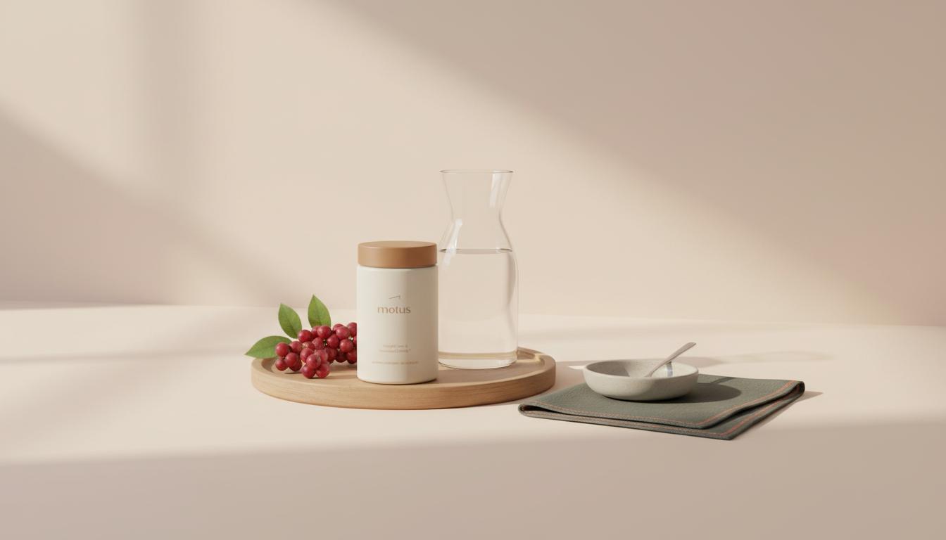 Minimalist kitchen counter with Tonum Motus supplement jar on a wooden tray beside a glass carafe and fresh berries, evoking daily habits and what causes slow metabolism