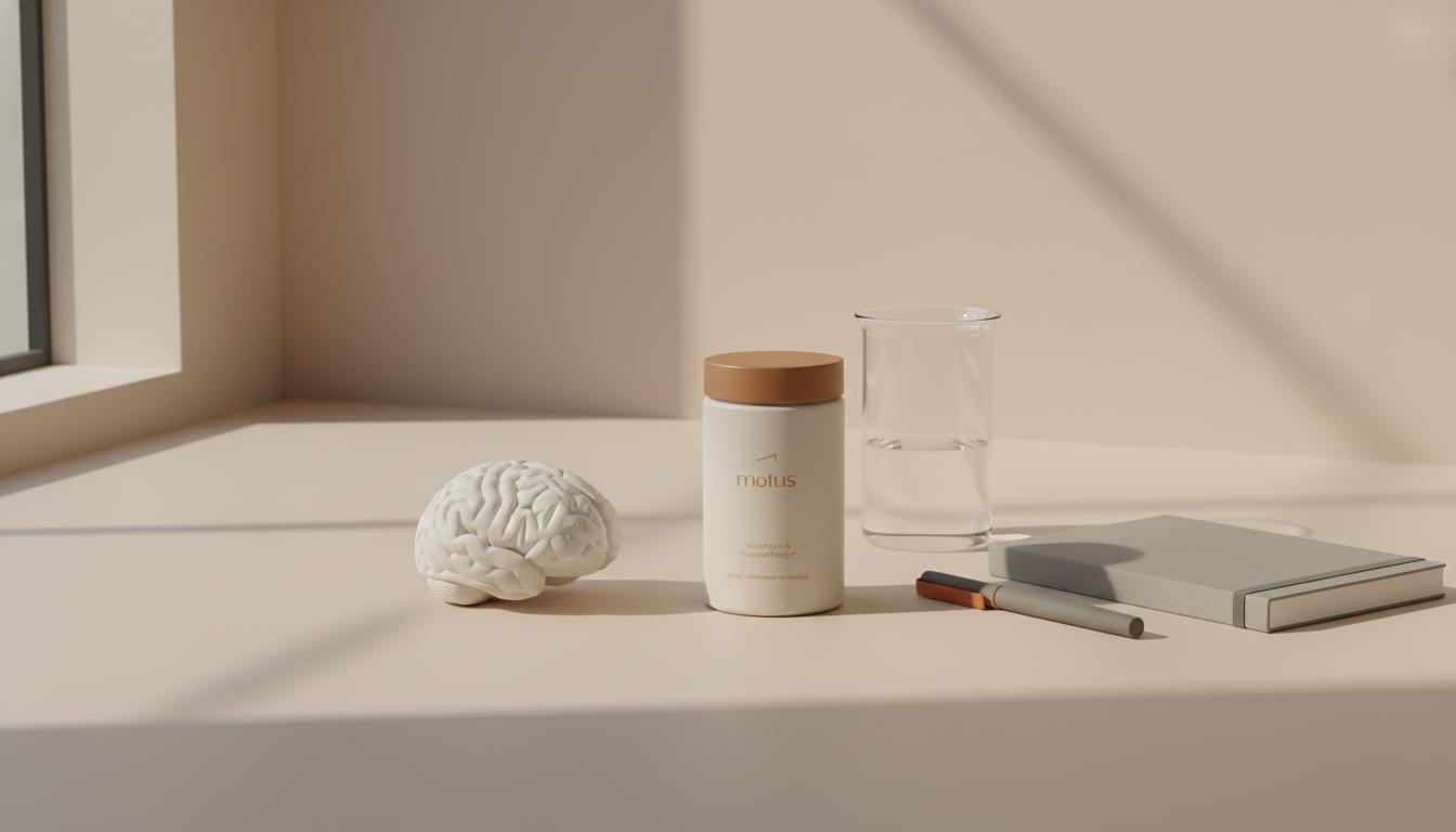 Minimalist still-life of a research desk with a ceramic brain model, notebook, beaker, and Tonum Nouro supplement jar illustrating what damages the brain the most