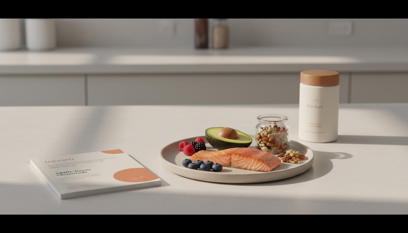 Minimalist countertop with salmon, avocado, berries and nuts illustrating foods that reduce cravings — what deficiency causes cravings?
