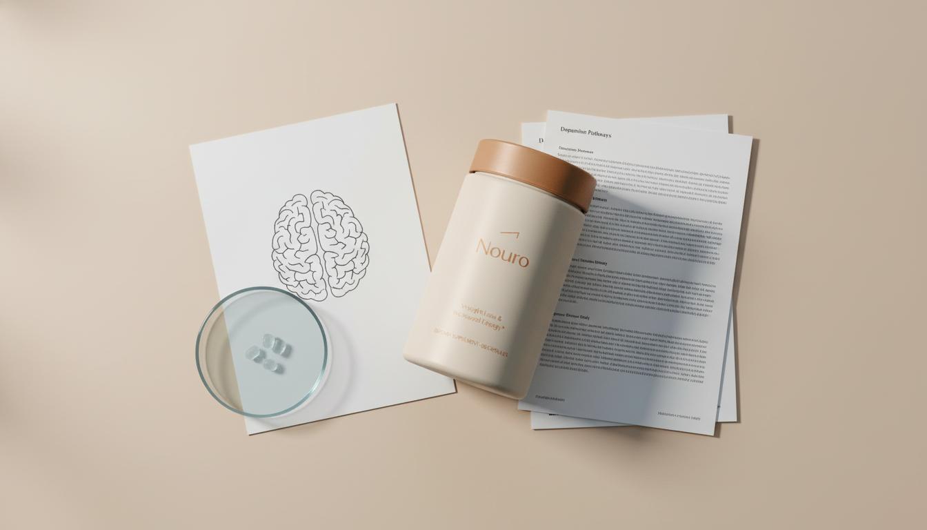 Top-down flat-lay of Tonum supplement jar 'Nouro' with a schematic brain illustration, petri dish and research papers in a minimalist science scene — what depletes dopamine the most?
