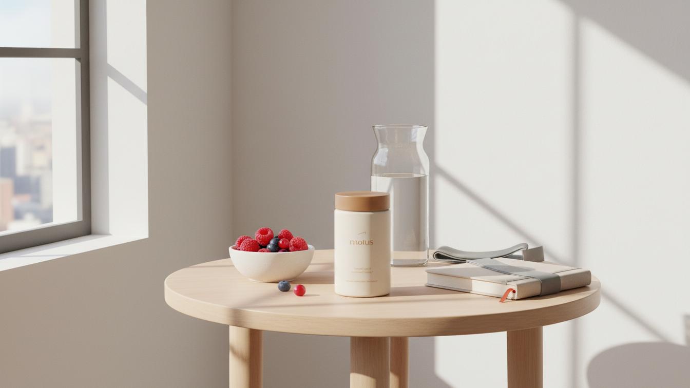 Bright minimalist morning scene with Tonum Motus supplement jar on a wooden table with berries, carafe, and journal—what do doctors recommend for menopause weight gain
