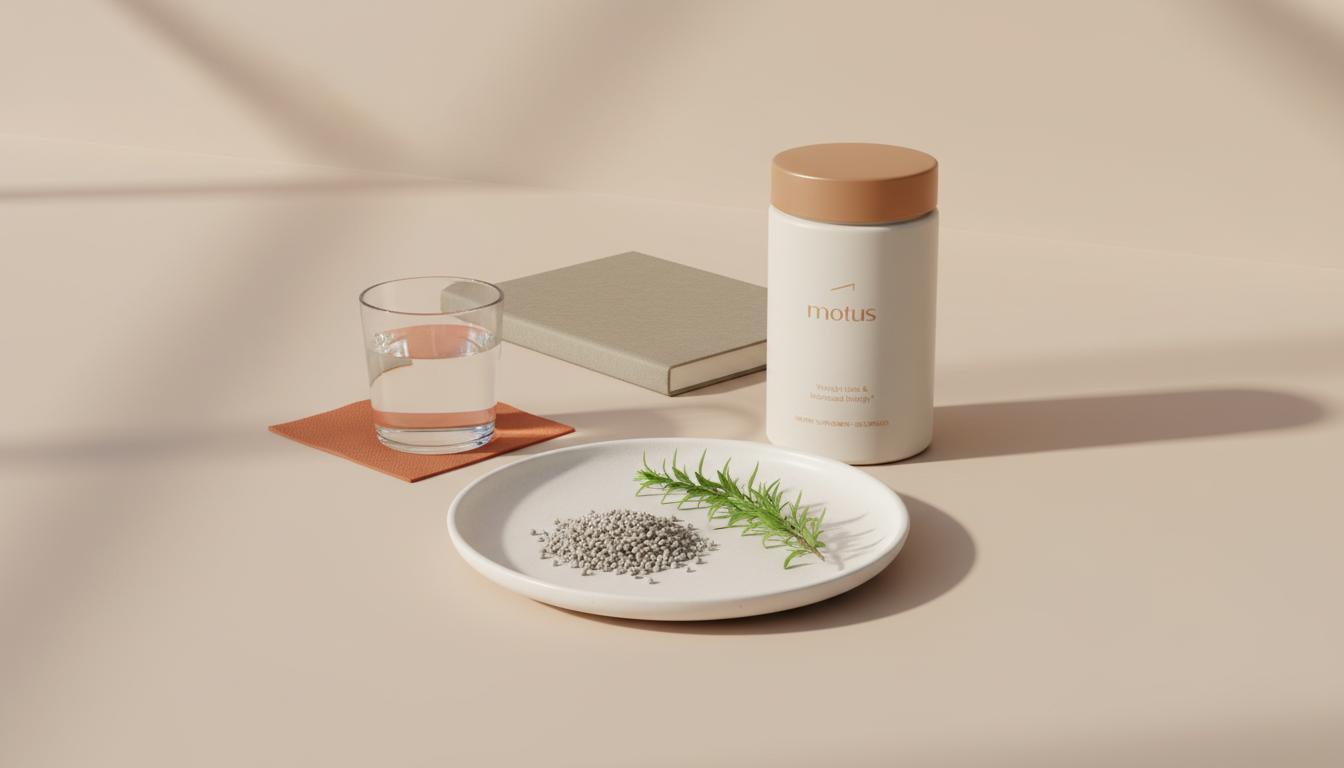 Tonum supplement container with glass of water, notebook, milk thistle seeds and greens on a pale beige desk — what does an inflamed liver feel like