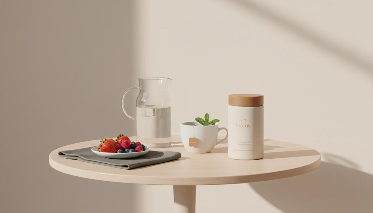 Minimal breakfast nook with Tonum Motus jar, glass carafe, green tea cup and berries on a wooden table, illustrating what drink burns fat quickly