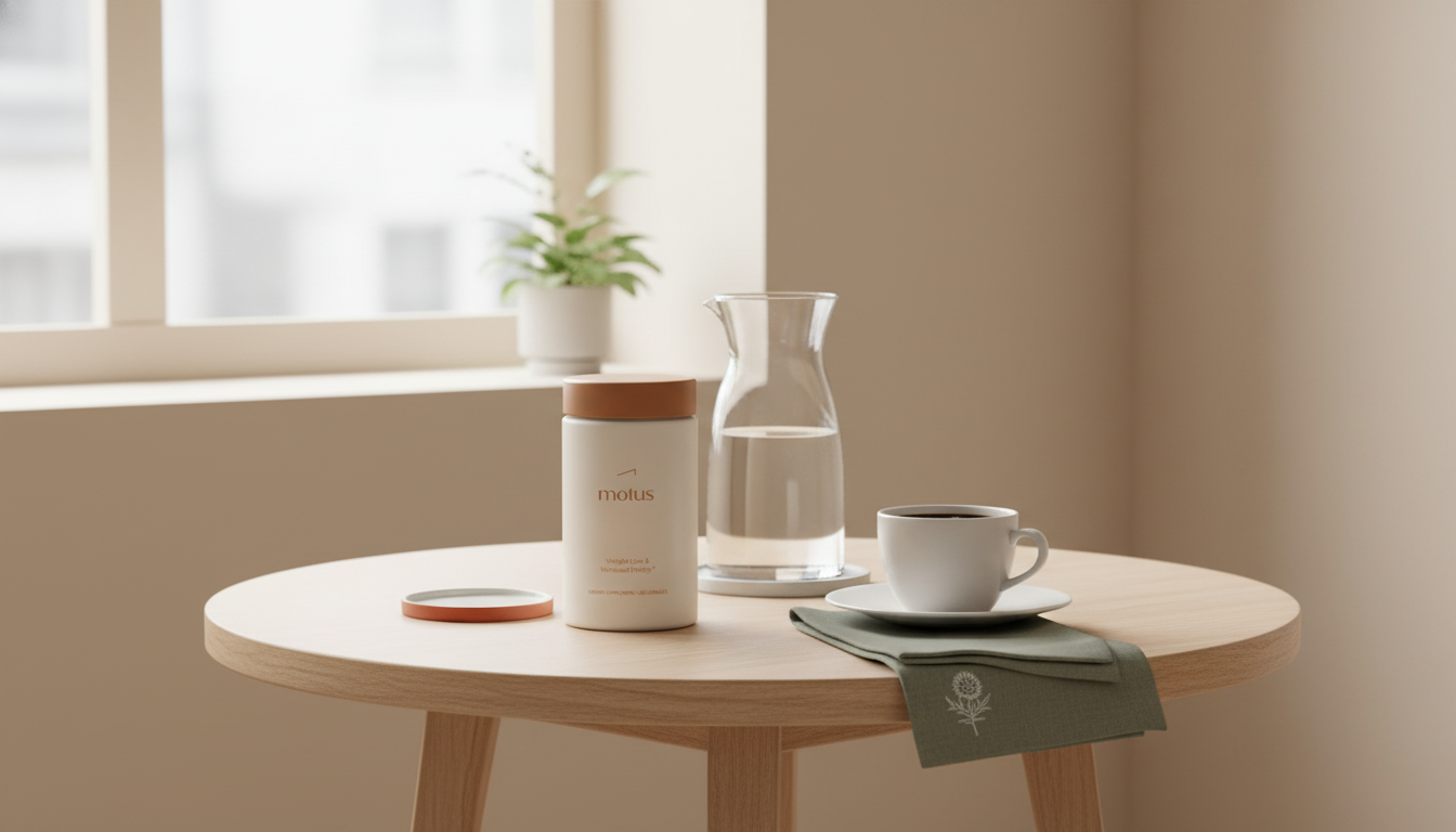 Minimalist morning kitchen scene with Motus supplement jar beside a glass carafe and cup of black coffee on a small wooden table — what drink burns the most fat