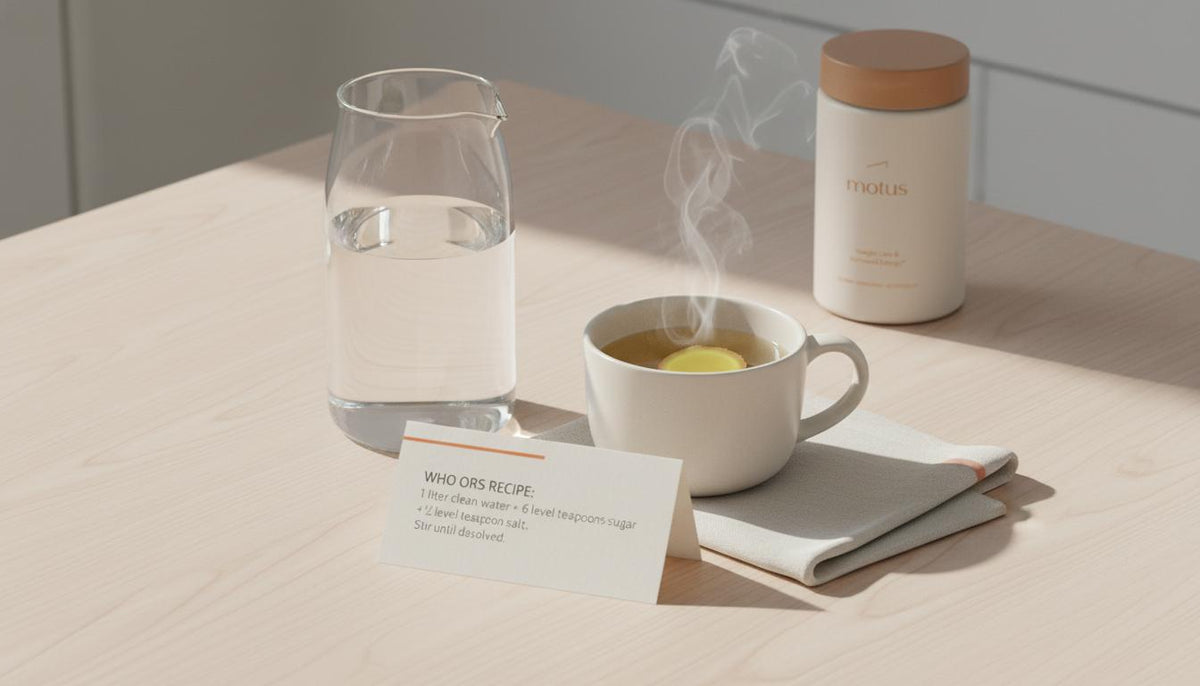 Minimalist still life of a glass carafe, steaming ginger tea mug and folded WHO ORS recipe card with subtle Tonum container silhouette on beige background — what drink stops dizziness