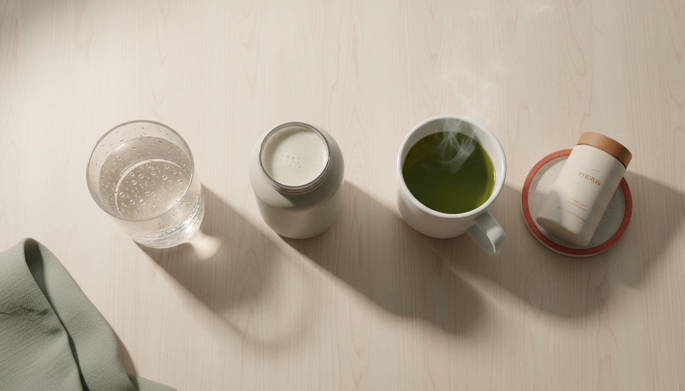 Flat-lay of water, protein shake bottle, and green tea mug with Tonum Motus container illustrating what drink stops sugar cravings.