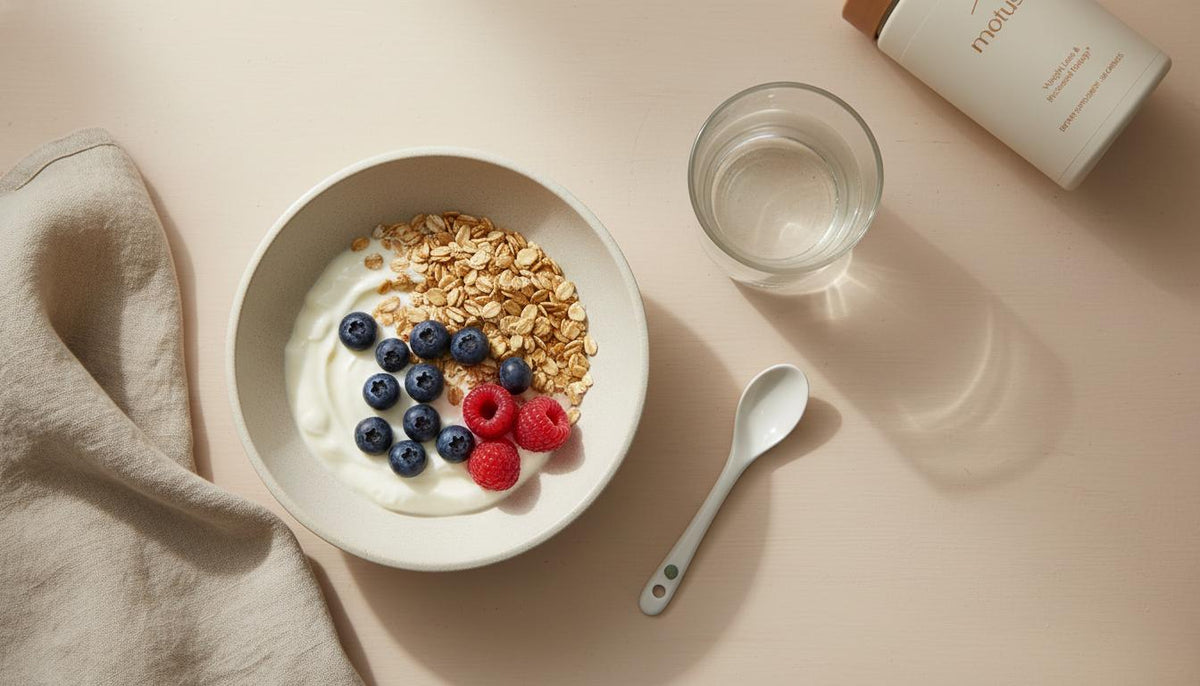 Overhead minimalist breakfast with Greek yogurt, toasted oats, berries, glass of water and Tonum supplement container — what foods stop sugar cravings