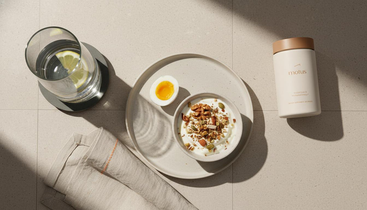 Minimalist flat-lay breakfast with boiled egg, Greek yogurt with nuts, carafe of water and a Tonum product, illustrating what gives you dopamine hits naturally through wholesome morning habits.