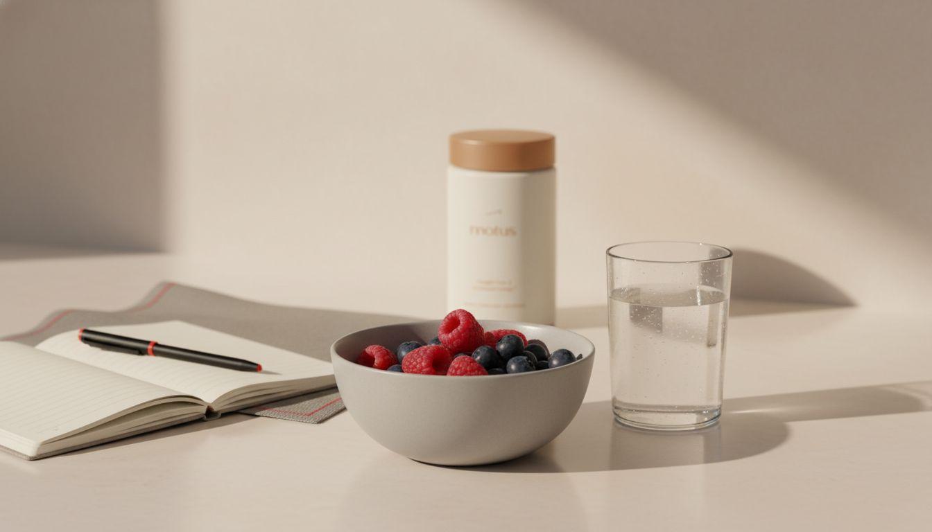Minimalist kitchen counter with bowl of fresh berries, glass of water, open notebook and Tonum Motus bottle in the background — what happens if I eat a protein bar every day