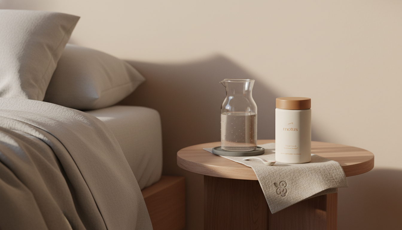 What happens if you eat no carbs for a week? Minimalist bedside scene with Tonum Motus jar (11 cm x 6.4 cm) beside a glass carafe and linen cloth on a wooden table, soft morning light, Tonum brand palette.