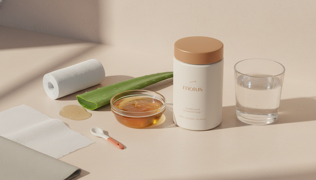 Still-life of medical honey, aloe vera gel, sterile dressing and cool water on soft beige background showing what helps burns naturally.