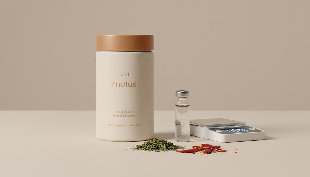 Minimalist lab tabletop photo of Tonum Motus container beside green tea leaves, dried chili flakes, a glass vial with measured drops and a scale — what herb burns the most fat