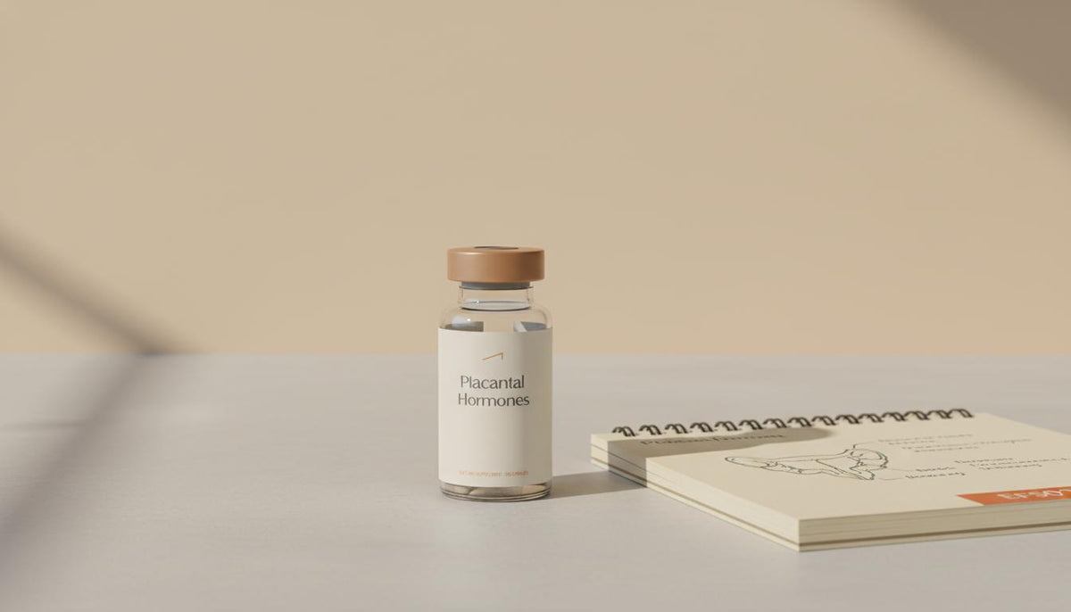 Vial labeled 'Placental Hormones' with notebook placenta sketch and Tonum product - what hormone decreases insulin sensitivity in pregnancy