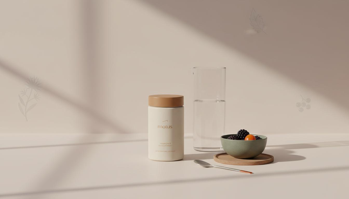 What I wish I knew before taking Ozempic? Minimal kitchen countertop with Motus supplement jar beside a glass carafe and bowl of berries in soft morning light, subtle Tonum milk thistle icon.