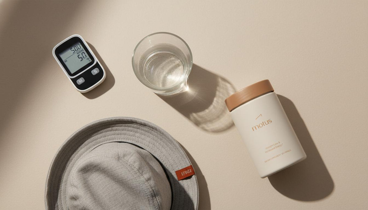 What is diabetic dizziness like? Minimalist flat‑lay of a glucose meter, glass of water, folded hat and Tonum product on soft beige background, clinical yet humane.
