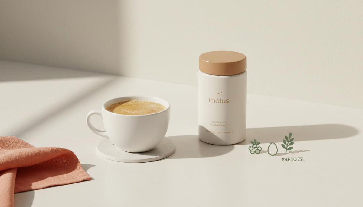 Minimal kitchen counter with frothy coffee and Tonum Motus jar beside berries, egg silhouette and milk thistle leaf — what is in the coffee loophole drink