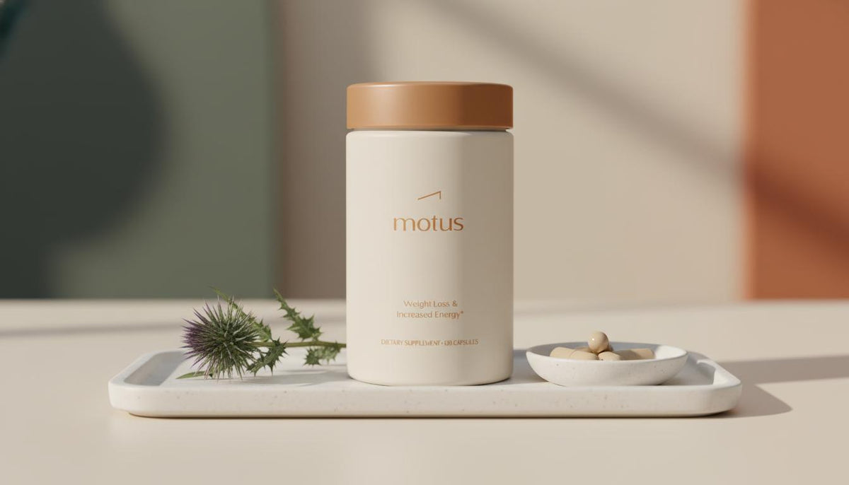 Minimalist still-life of Tonum Motus supplement jar on a ceramic tray with milk thistle and capsules in a calm Tonum-colored background — what is the best fat burner that really works