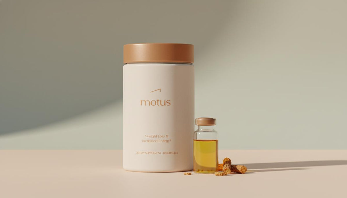Minimalist clinical banner with Tonum Motus supplement, glass vial of golden berberine extract and dried barberry root fragments — what is the best form of berberine for weight loss