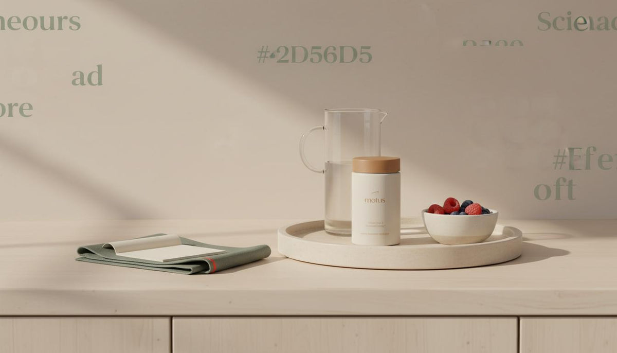 what is the best tablet to take for losing weight? Tonum Motus supplement jar on wooden tray with carafe and bowl of berries on sunlit beige kitchen counter.