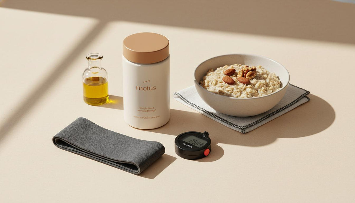 Minimalist still life of Tonum Motus bottle with steel-cut oats, nuts, olive oil, resistance band and stopwatch on beige background illustrating what is the best thing for insulin sensitivity