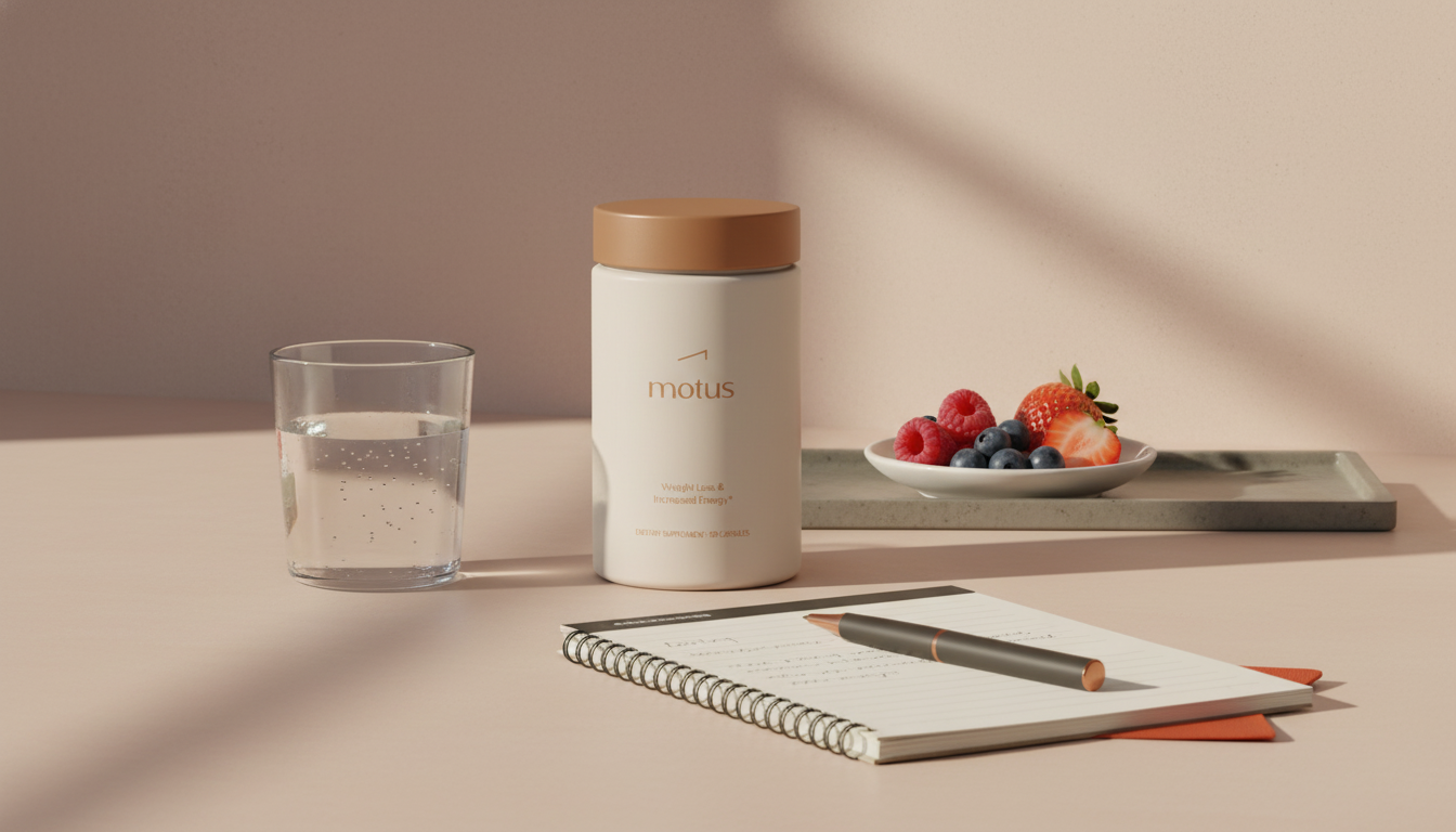 Minimalist kitchen counter with Tonum Motus supplement jar beside a glass of water, small dish of berries, and notepad — what is the closest supplement to Ozempic?