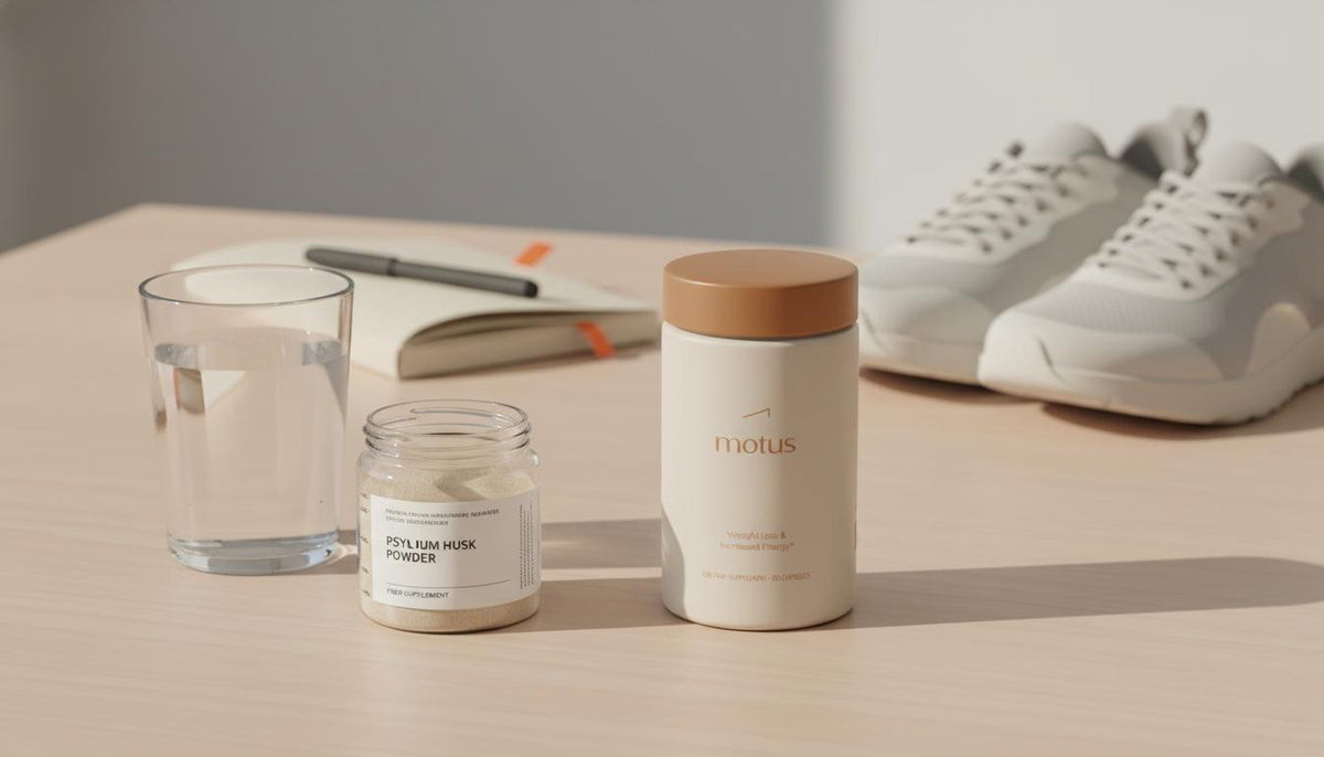 Minimal still-life with glass of water, small psyllium jar, walking shoes and notebook on a wooden table, calm health routine — what is the fastest home remedy to lower blood sugar?
