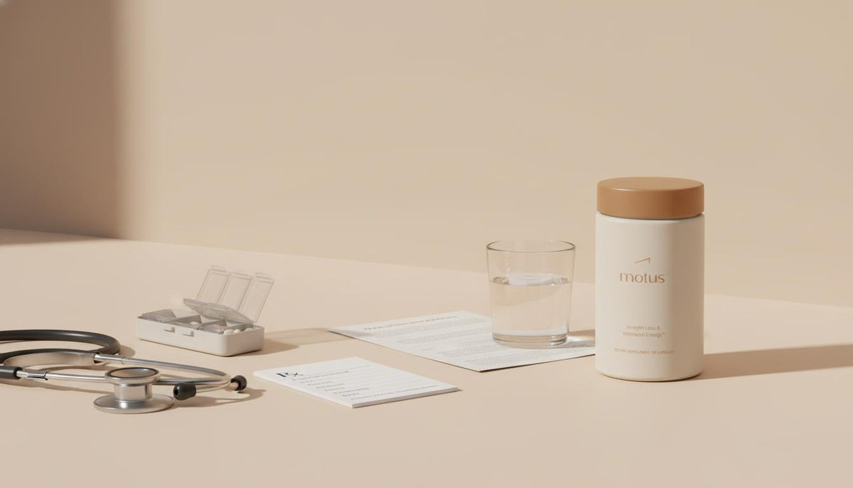 Minimalist full-frame photo of Tonum supplement and clinical items on a #F2E5D5 background for an article: What is the new version of phentermine?