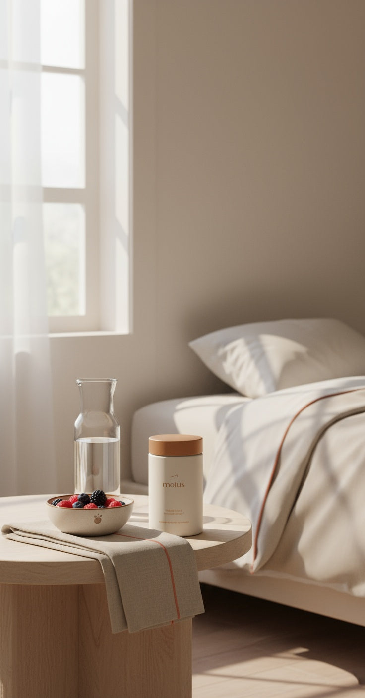 Minimal morning bedroom scene with Motus supplement jar beside water and berries, clean Tonum brand styling — what is the new weight loss pill 2025