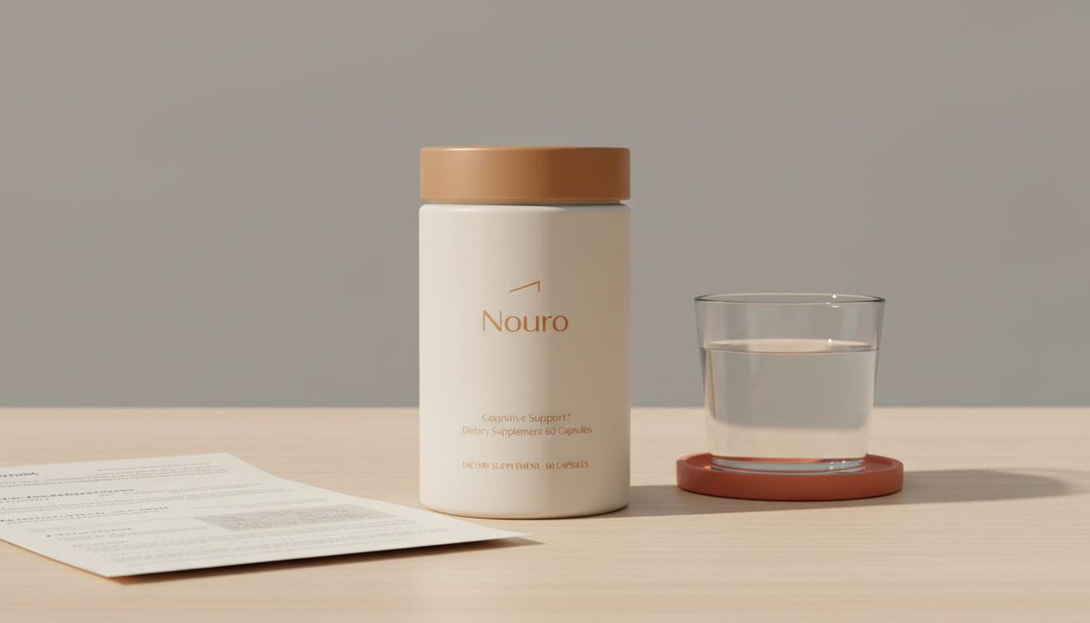 Nouro supplement jar on a light wooden table with a glass of water and folded research printout against a #F2E5D5 background — what is the number 1 nootropic?