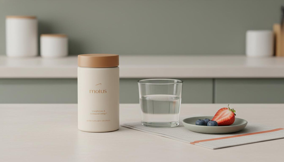 Minimalist kitchen counter with Tonum Motus container beside a glass of water and a small dish of berries, conveying research-backed daily routine — what is the oral alternative to Ozempic?