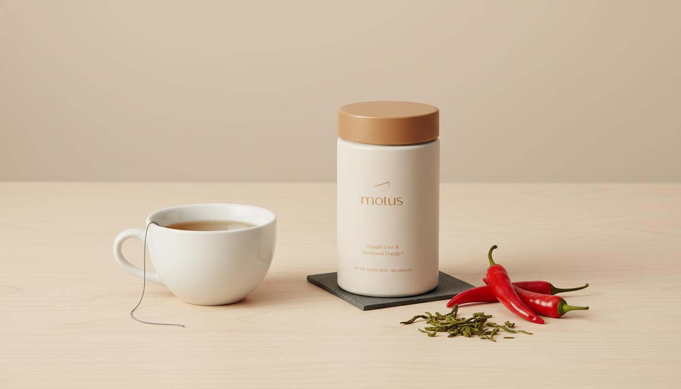 Minimalist Tonum Motus product photo with green tea cup, chili peppers and tea leaves on light wood, visual for article 'what is the strongest natural fat burner?'