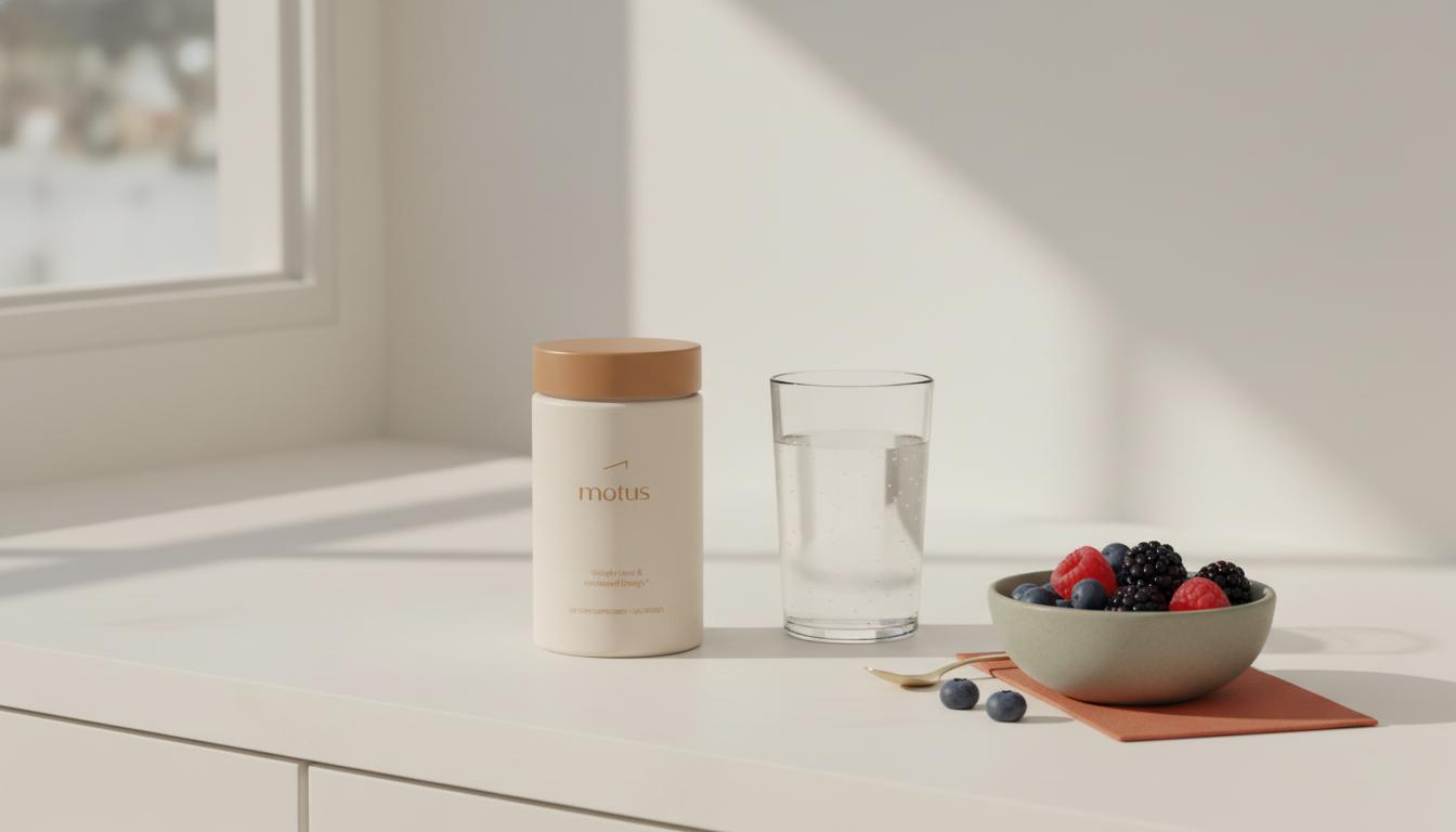Full-frame minimalist kitchen counter shot with Tonum Motus jar beside a glass of water and bowl of berries; clean clinical lifestyle photo — what is the strongest over the counter appetite suppressant